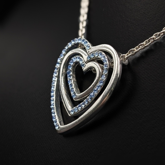 TRIPLE Heart Necklace With Blue Crystal Accents In Silver Tone - Picture 3 of 7